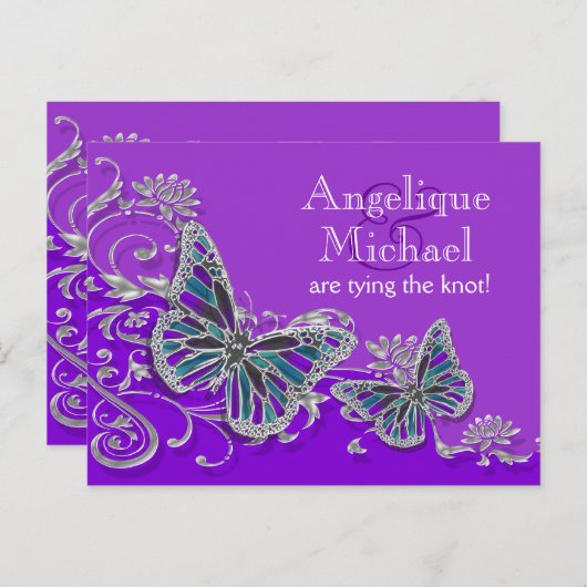 Carte Postale Faire-part Mariage papillon bleu argent pourpre (Devant / Derrière)