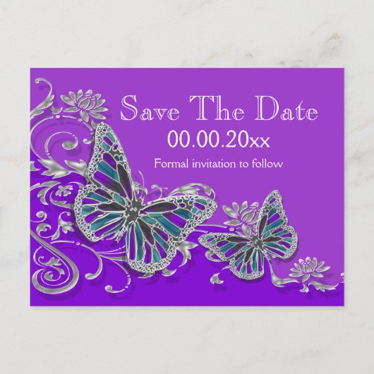 Carte Postale Faire-part Mariage papillon bleu argent pourpre (Dos)