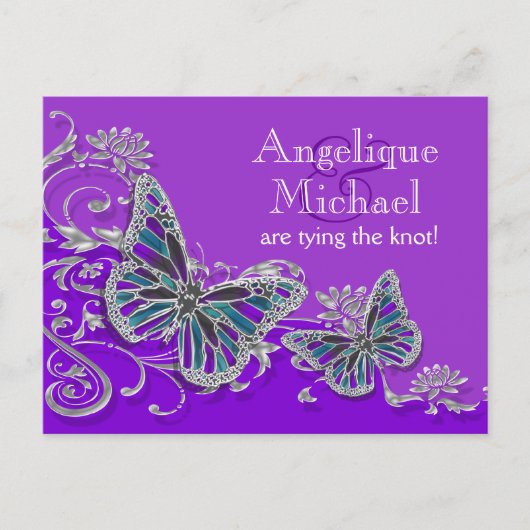 Carte Postale Faire-part Mariage papillon bleu argent pourpre (Devant)