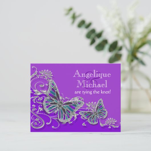 Carte Postale Faire-part Mariage papillon bleu violet (Debout devant)
