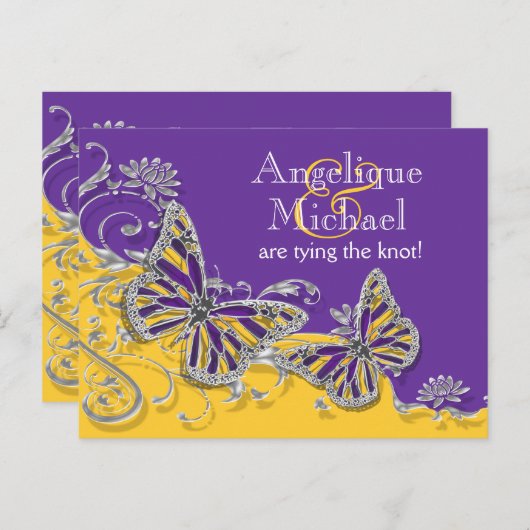 Carte Postale Faire-part Mariage papillon jaune violet fiançailles (Devant / Derrière)