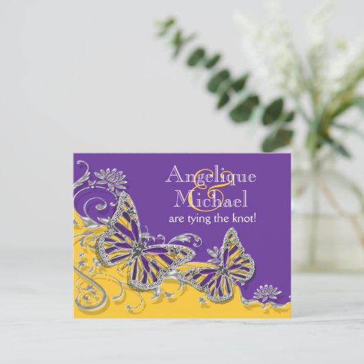 Carte Postale Faire-part Mariage papillon jaune violet fiançailles (Debout devant)