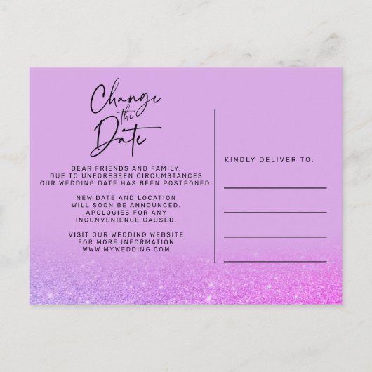 Carte Postale Faire-part mariage photo à parties scintillant violet changer (Dos)