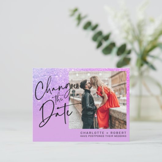 Carte Postale Faire-part mariage photo à parties scintillant violet changer (Debout devant)
