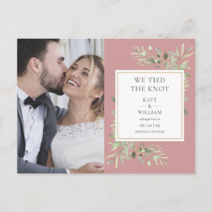 Carte Postale Faire-part Mariage photo avec verdure Rose Poussiéreuse