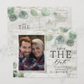 Carte Postale Faire-part mariage photo botanique en bois blanc eucalyptus (Devant / Derrière)