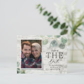 Carte Postale Faire-part mariage photo botanique en bois blanc eucalyptus (Debout devant)