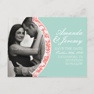 Carte Postale Faire-part Mariage photo de Coral et de Mint Damask Enregistr