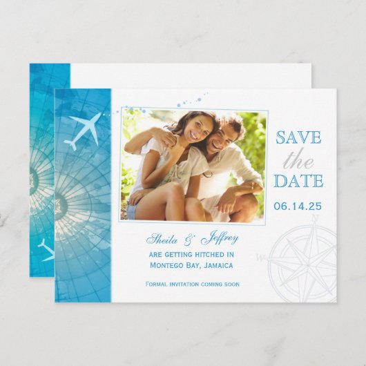 Carte Postale Faire-part Mariage photo de destination moderne Sauvez la dat (Devant / Derrière)