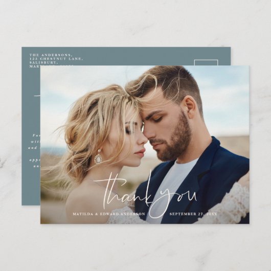 Carte Postale Faire-part Mariage photo de script merci moderne minimal bleu (Devant / Derrière)