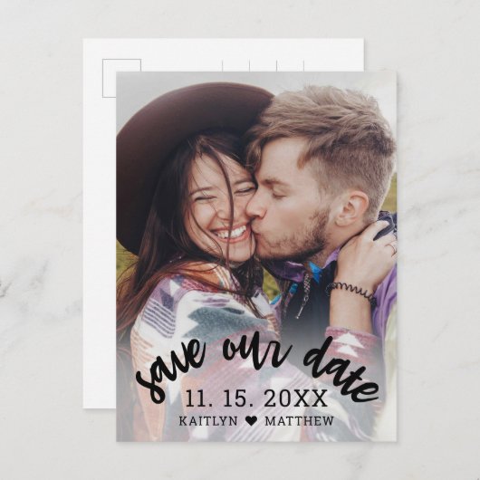 Carte Postale Faire-part Mariage photo de script noir moderne Enregistrer n (Devant / Derrière)