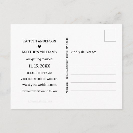 Carte Postale Faire-part Mariage photo de script noir moderne Enregistrer n (Dos)