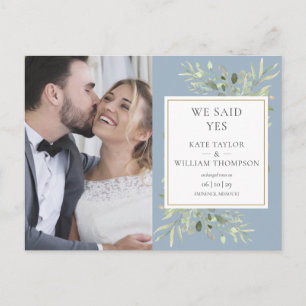 Carte Postale Faire-part Mariage Photo Élégant avec Verdure Bleu Poussiéreu