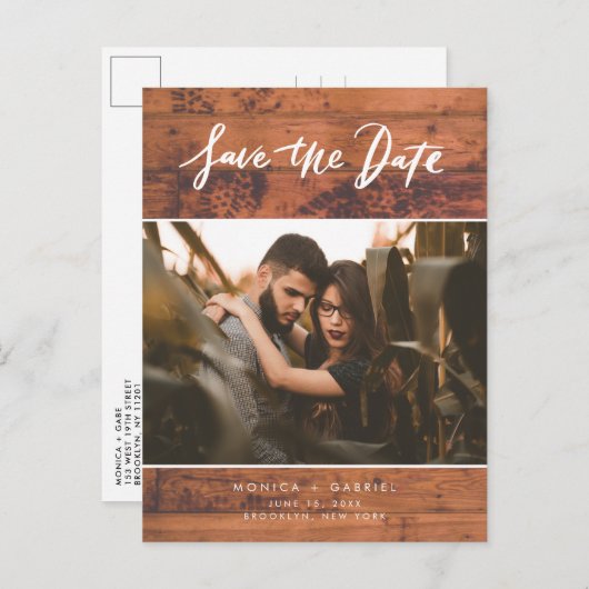 Carte Postale Faire-part Mariage photo en bois rustique Enregistrer la date (Devant / Derrière)