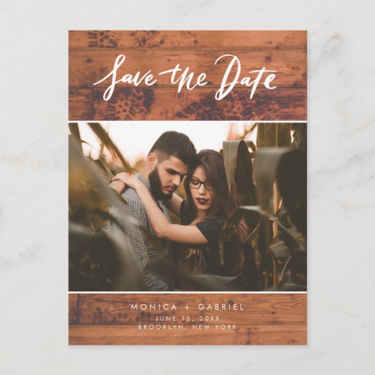 Carte Postale Faire-part Mariage photo en bois rustique Enregistrer la date (Devant)
