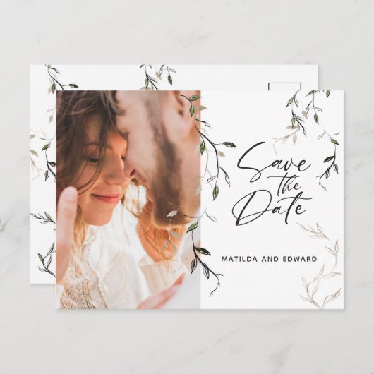 Carte Postale Faire-part Mariage photo feuillage botanique en feuilles croi (Devant / Derrière)