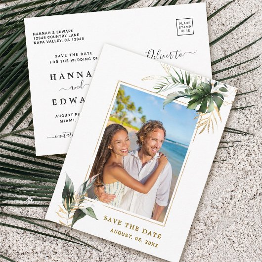 Carte Postale Faire-part Mariage Photo Gold de Foliage Tropical Enregistrer
