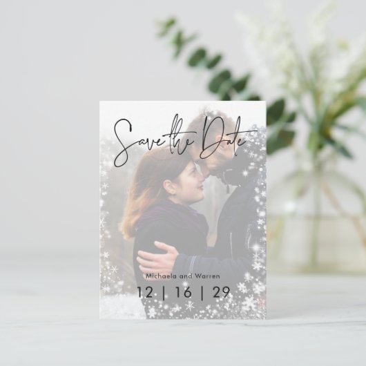 Carte Postale Faire-part Mariage photo neige hiver Enregistrer la date Cart (Debout devant)