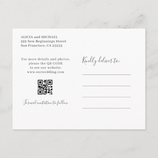 Carte Postale Faire-part Mariage photo QR CODE moderne enregistrer la date (Dos)