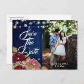 Carte Postale Faire-part Mariage Photo Rouge Bourgogne Rose Navy Bleu (Devant / Derrière)