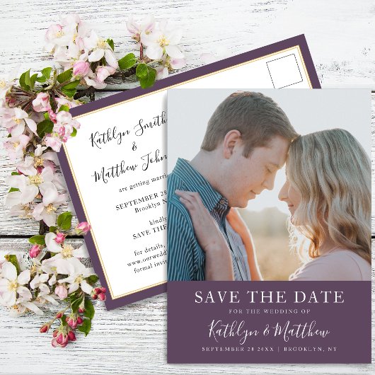 Carte Postale Faire-part Mariage photo simple typographie moderne mauve