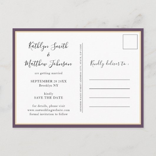 Carte Postale Faire-part Mariage photo simple typographie moderne mauve (Dos)