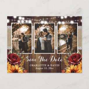 Carte Postale Faire-part Mariage Photo Tournesol Rose Rouge Bois Rustique