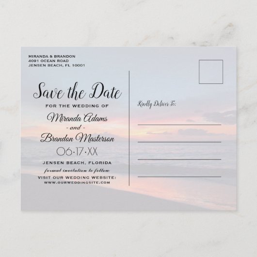 Carte Postale Faire-part Mariage Plage Bleu Romantique Enregistrer la Date (Dos)