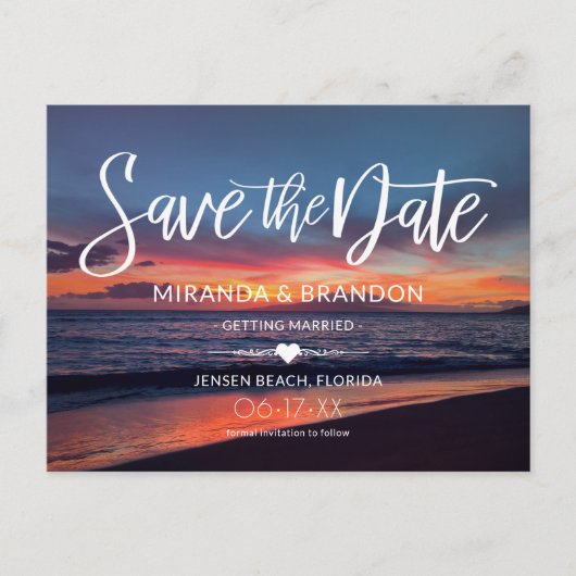 Carte Postale Faire-part Mariage Plage Bleu Romantique Enregistrer la Date (Devant)