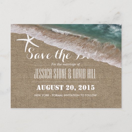 Carte Postale Faire-part Mariage plage Burlap & Starfish Enregistrer la dat (Devant)