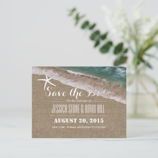Carte Postale Faire-part Mariage plage Burlap & Starfish Enregistrer la dat (Debout devant)