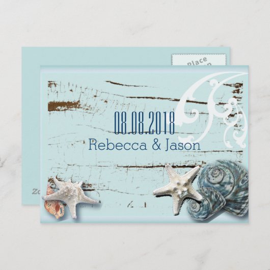 Carte Postale Faire-part mariage plage coquillages save the date (Devant / Derrière)