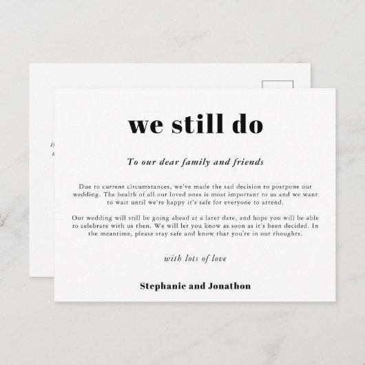Carte Postale Faire-part Mariage Postpone Nous Faisons Toujours COVID Scrip (Devant / Derrière)