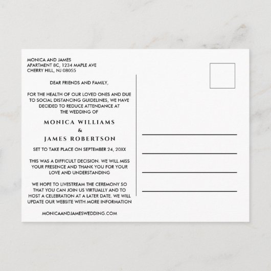 Carte Postale Faire-part Mariage Réduit Changement de Plans Élégant (Dos)