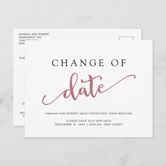 Carte Postale Faire-part Mariage report Changement de date Rose noir (Devant / Derrière)