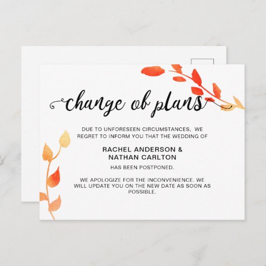Carte Postale Faire-part Mariage reporté Annulé Automne Automne Changement (Devant / Derrière)