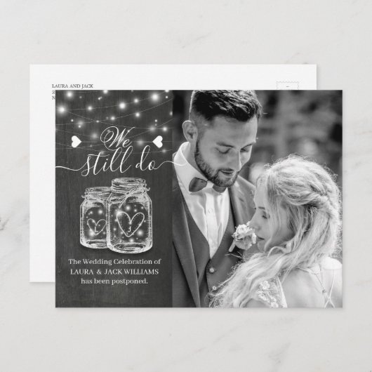 Carte Postale Faire-part Mariage reporté en pots Mason Nous nous marions to (Devant / Derrière)