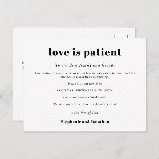 Carte Postale Faire-part Mariage reporté L'amour est patient Sauver nouvell (Devant / Derrière)