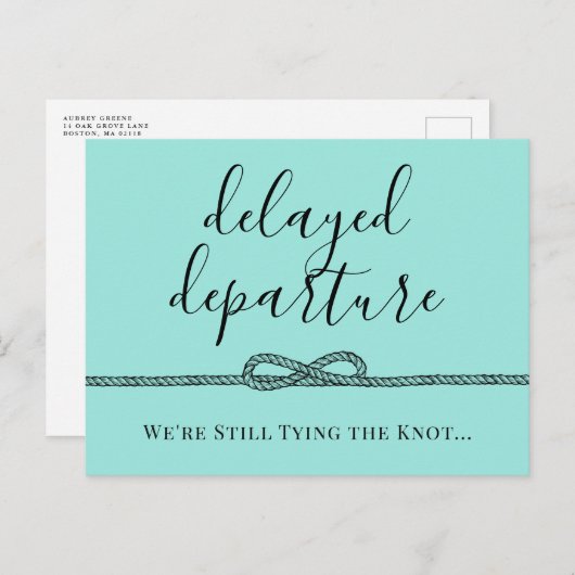 Carte Postale Faire-part Mariage reporté : nœud turquoise nautique (Devant / Derrière)