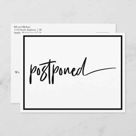 Carte Postale Faire-part Mariage Reporté Noir Blanc Moderne (Devant / Derrière)