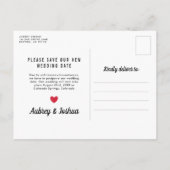 Carte Postale Faire-part Mariage reporté nouvelle date cœur rouge noir blan (Dos)