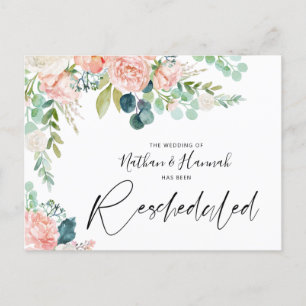 Carte Postale Faire-part Mariage Reprogrammé Floral Rose Pâle Date Changée
