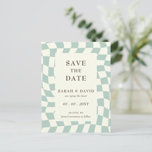 Carte Postale Faire-part Mariage Retro Super Green Checkerboard (Debout devant)