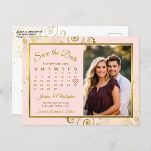 Carte Postale Faire-part Mariage rose et or Enregistrer la date Calendrier