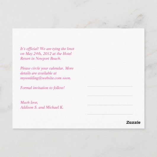 Carte Postale Faire-part mariage rose orange enregistrer la date (Dos)