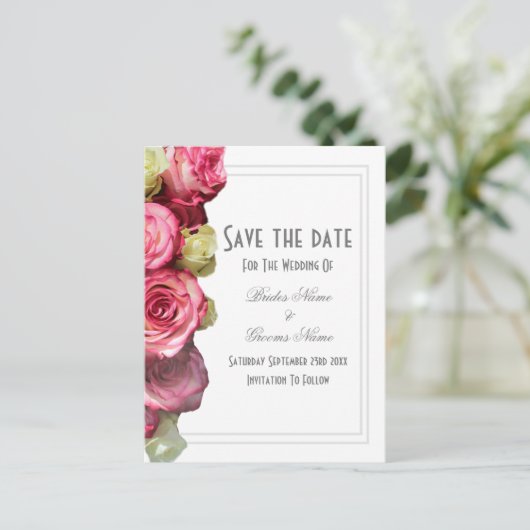 Carte Postale Faire-part Mariage rose rose floral sauvegarder la date (Debout devant)
