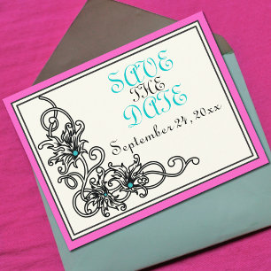 Carte Postale Faire-part Mariage rose turquoise vigne fleurie Enregistrer l