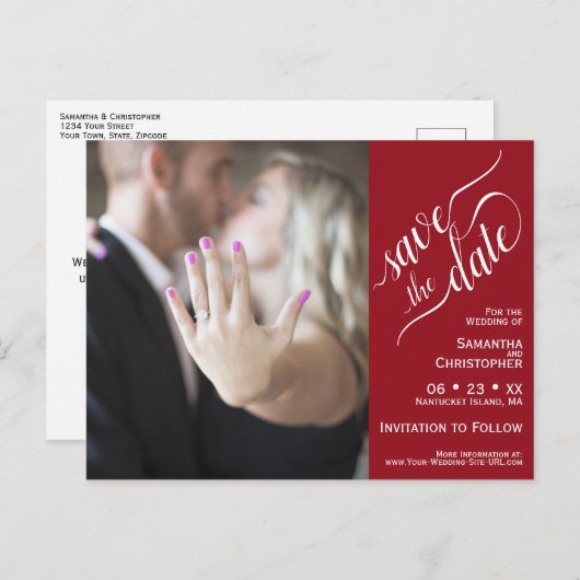 Carte Postale Faire-part Mariage rouge Enregistrer la date Photo & Calligra (Devant / Derrière)