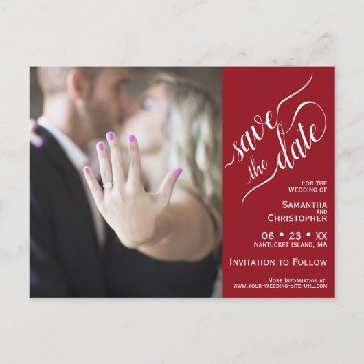 Carte Postale Faire-part Mariage rouge Enregistrer la date Photo & Calligra (Devant)