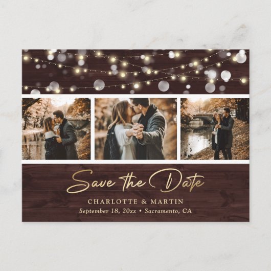 Carte Postale Faire-part Mariage Rustic Wood Gold Photo Enregistrer La Date (Devant)